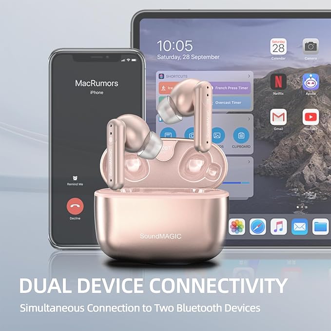 SoundMAGIC T80BT ANC True Wireless Earbuds with Hi-Res Audio,Hibrid Active Noise Cancelling, ENC Call Clarity, 20H Playtime, IPX5 Waterproof, Ultra-Comfy Fit for Sports/Work/Gaming (Pink)