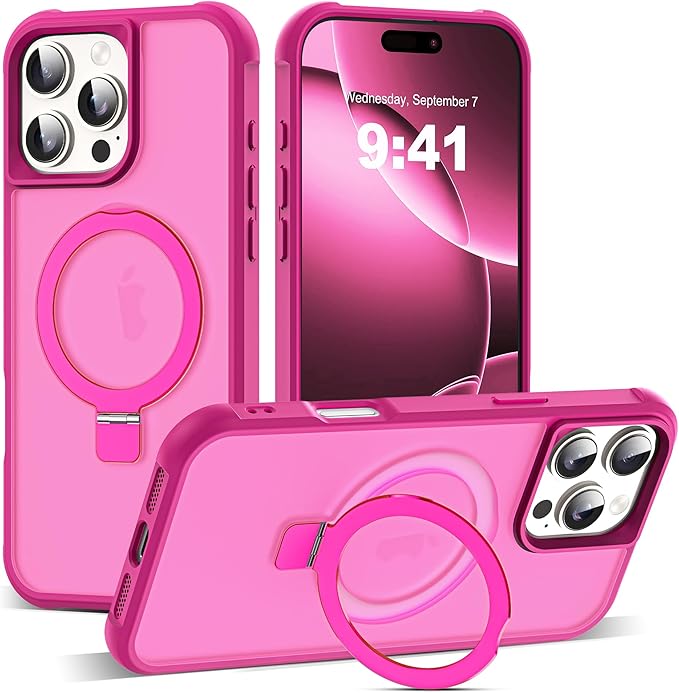Compatible with iPhone 16 Pro Max Case with Invisible Magnetic O-Ring Stand Military-Grade Translucent Case for iPhone 16 ProMax 6.9" [Compatible with Mag-Safe][Great Grip Feeling], Rose
