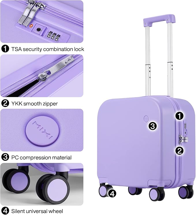 mixi Carry on Luggage, Suitcase with Spinner Wheels 16in Luggage Hardshell Lightweight Rolling Suitcases PC with Cover & TSA Lock, Lilac Purple