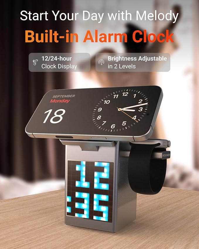 M.A.D LAB 15W Fast Charging Station - Pixel Animation Display Alarm Clock with Bluetooth Speaker, iPhone Charging Station for Apple Watch, AirPods, AirPods Pro 2 and Android Phones - Black Color