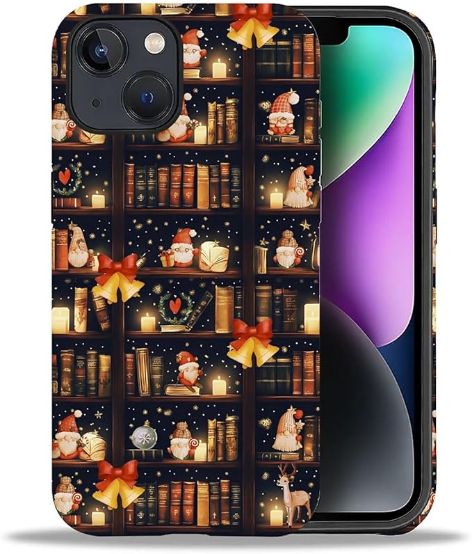 DAIZAG Case Compatible with for iPhone 14 Plus,Christmas Santa Claus Bookshelf Bells Phone Case for iPhone 14 Plus for Girl Women Boy Men