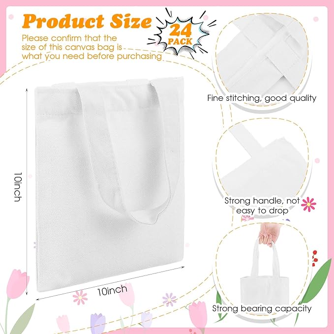 Amylove 24 Pcs Mini Tote Bag Sublimation Blank Canvas Tote Bags Reusable Grocery Luggage DIY Sack Goody for Party Even (10 x 10 Inch,White)