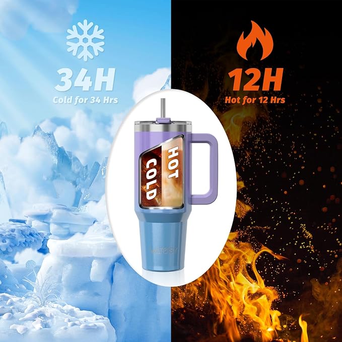 40 oz Shiny Tumbler with Handle and Straw,Stainless Steel Tumbler with Lid and Straw,Insulated Travel Mug(Cold for 34 Hours),Water Bottle for Iced Tea,Coffee (Purple)