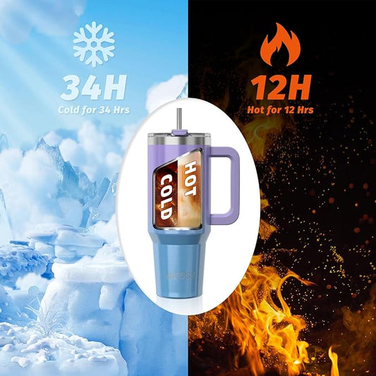 30 oz Shiny Tumbler with Handle and Straw,Stainless Steel Tumbler with Lid and Straw,Insulated Travel Mug(Cold for 34 Hours),Water Bottle for Iced Tea,Coffee (Purple)