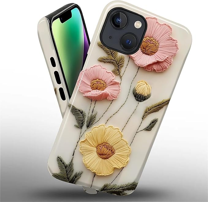 Case for iPhone 13 iPhone 14 Case,Faux Embroidery Boho Floral Design - Hybrid Dual Protection Silicone + Hard PC Shockproof Full Body Cover Slim Anti-Scratch Protective Case for Men Women