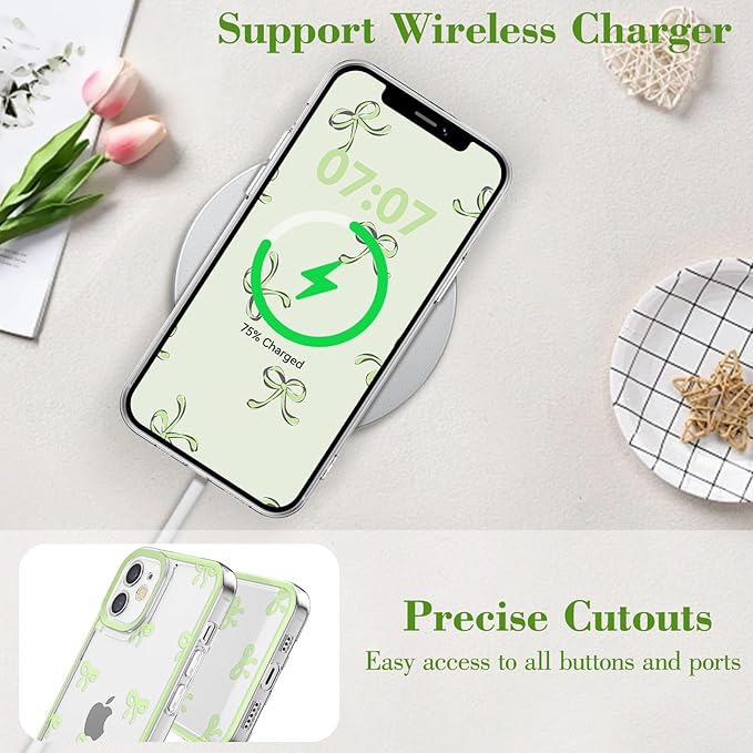 EYZUTAK Case for iPhone 12, Clear Cute Ribbon Bowknot Pattern Aesthetic Transparent Phone Case Raised Camera Protection Stylish Slim Soft Durable TPU Protective Cover for Women Girls - Green