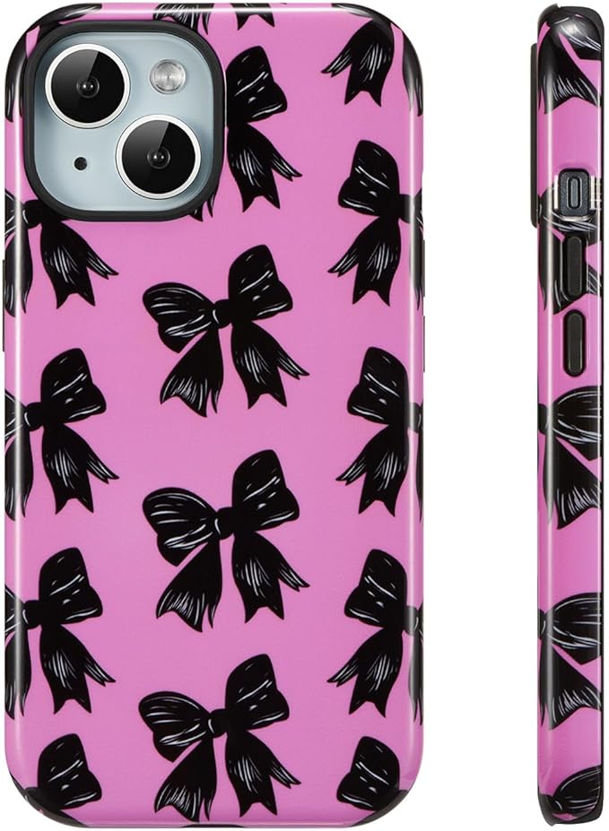 QLTYPRI Case for iPhone 15, Aesthetic Black Ribbon Bow Phone Case for Girls Women, Protective Hybrid 2-Layer Hard Shell Silicone Cover Durable Shockproof Phone Cover - Rose Red