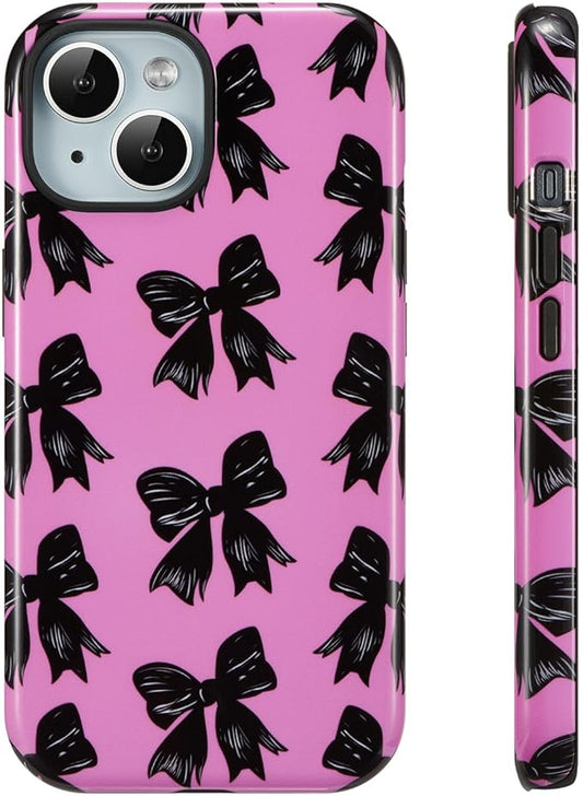 QLTYPRI Case for iPhone 15, Aesthetic Black Ribbon Bow Phone Case for Girls Women, Protective Hybrid 2-Layer Hard Shell Silicone Cover Durable Shockproof Phone Cover - Rose Red