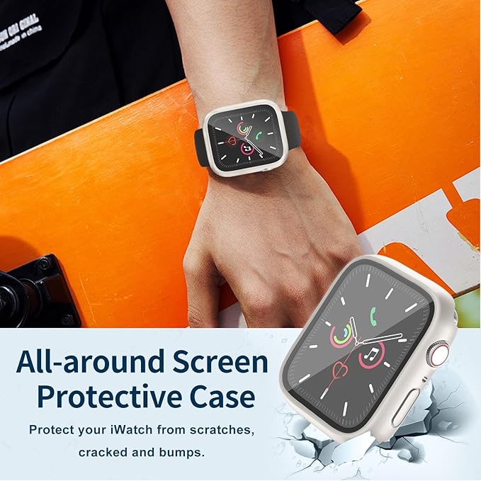 Waterproof Case for Apple Watch Series 9 Series 7 8 41mm, Built-in Screen Protector with Tempered Glass [Touch Sensitive] Cover for iWatch S9/S8/S7 Accessories 41mm, Starlight