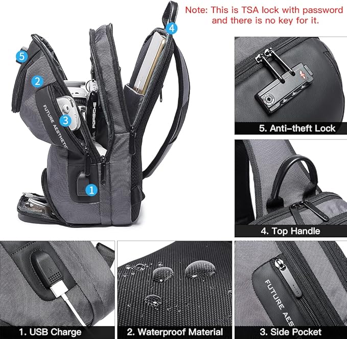 BANGE Sling Bag Anti Theft, Waterproof Men's Chest Bag Shoulder bags Crossbody Sling Backpack for Men