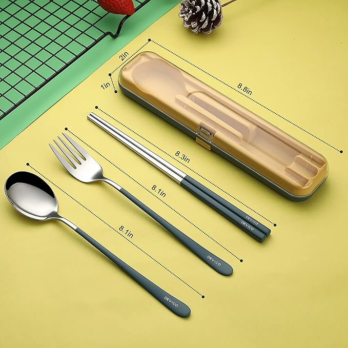 DEVICO Portable Utensils, Travel Reusable Silverware Flatware Set for Lunch, 18/8 Stainless Steel 4-Piece Camping Cutlery Include Fork Spoon Chopsticks with Case (Blue)