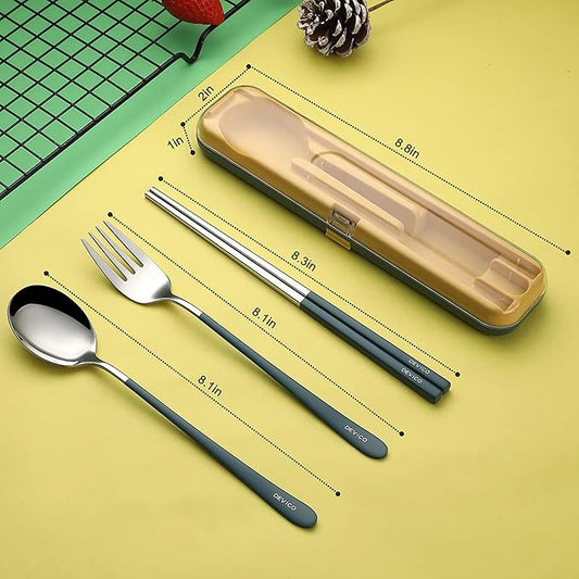 DEVICO Portable Utensils, Travel Reusable Silverware Flatware Set for Lunch, 18/8 Stainless Steel 4-Piece Camping Cutlery Include Fork Spoon Chopsticks with Case (Blue)