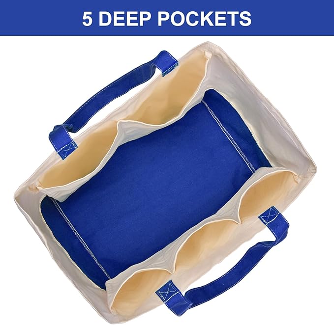 3 Pack Canvas Reusable Grocery Bags Heavy Duty, 8.3 gal Foldable Large Canvas Tote Bag with Handles, Holds 60 lbs Canvas Shopping Bags & Washable Eco-friendly Bags with 5 Pockets, Blue+Off White