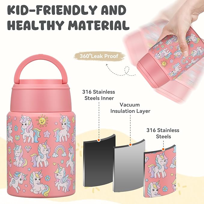 17oz Soup Thermo for Hot Food Kids Insulated Food Jar,Thermo Hot Food Lunch Container, Width Mouth Stainless Steel Lunch Box for Kids with Handle Folding Spoon (Pink-Unicorn)