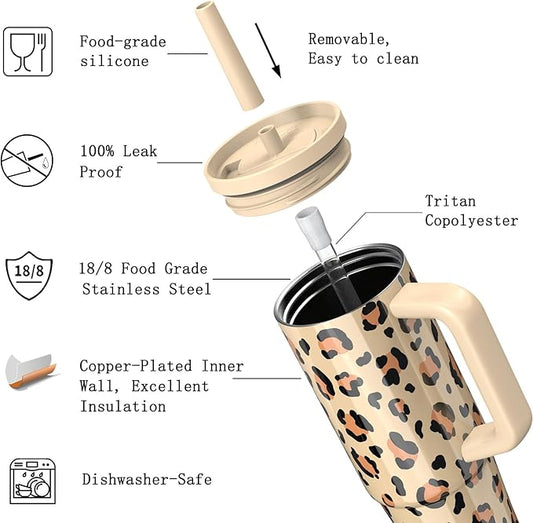 TILUCK 30 oz Tumbler with Handle, Vacuum Insulated Stainless Steel Travel Mug with 100% Leak-Proof Silicone Straw Lid, Cupholder Friendly Water Bottle(Leopard, 30oz)