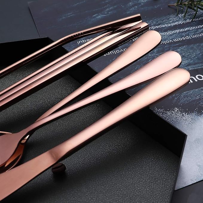 Portable Stainless Steel Flatware Set, Travel Camping Cutlery Set, Portable Utensil Travel Silverware Dinnerware Set with a Waterproof Case (Rose God)