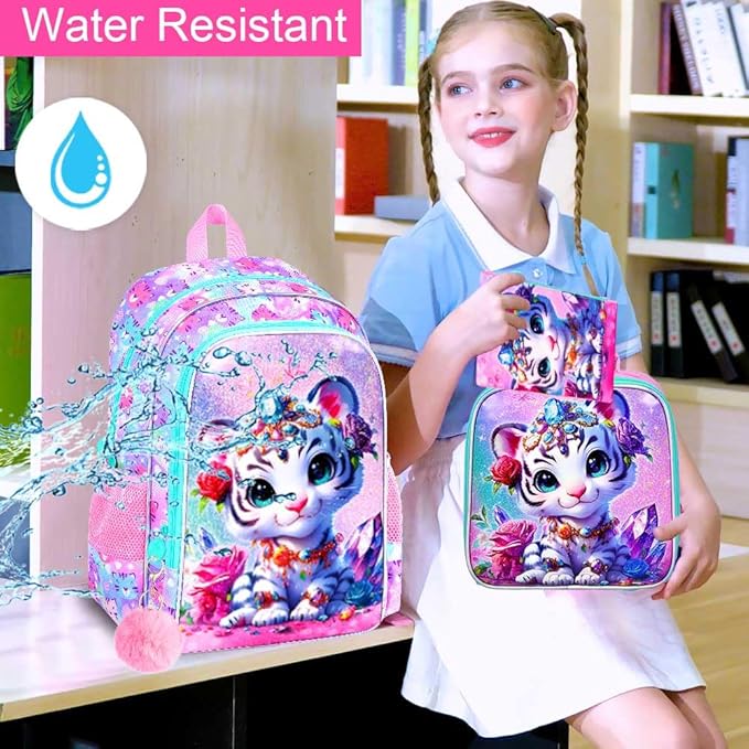 16" Tiger Backpack for Girls, 3Pcs Kids School Backpacks with Lunch Box, Bookbag for Elementary Preschool Kindergarten(Pink)