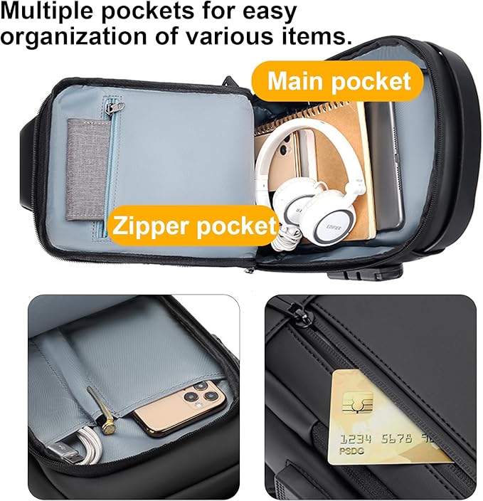 Sling Bag for Men | Anti-theft Crossbody USB PU Leather Shoulder Bag Chest Bag for Daily use Waterproof Lightweight One Strap Backpack, Black