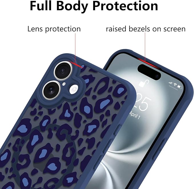KANGHAR Case for iPhone 16 Plus Blue Leopard Printed Pattern Cute Cheetah [Compatible with Magsafe] Protective Magnetic Case for Girls Women 6.7"
