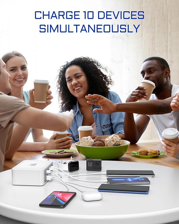 10-Ports USB and USB C Charging Station, 120W USB C Power Strip with PD3.0 and QC3.0 Fast Charging, Multiport Charging Hub for iPhone 15/14/13/12, iPad Air/Pro, Galaxy -White