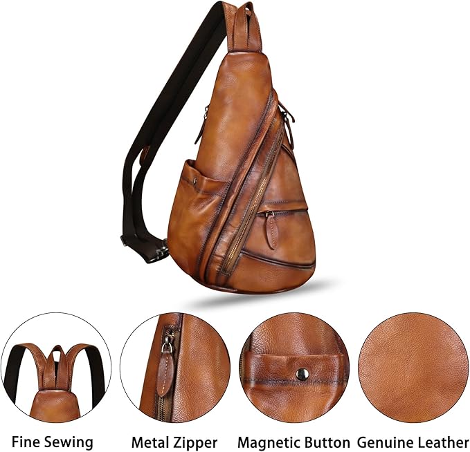 Genuine Leather Sling Bag for Men and Women Leather Sling Backpack Purses Chest Bag Crossbody Shoulder Fanny Bag