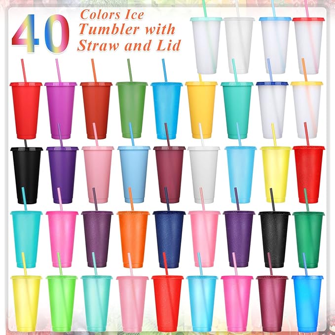 Honeydak 100 Pack Tumbler with Straw and Lid Bulk Glitter Plastic Cups Water Bottle Iced Coffee Travel Mug Reusable Party Favor Cups for Birthdays travel 24-27 oz (Shiny Color)