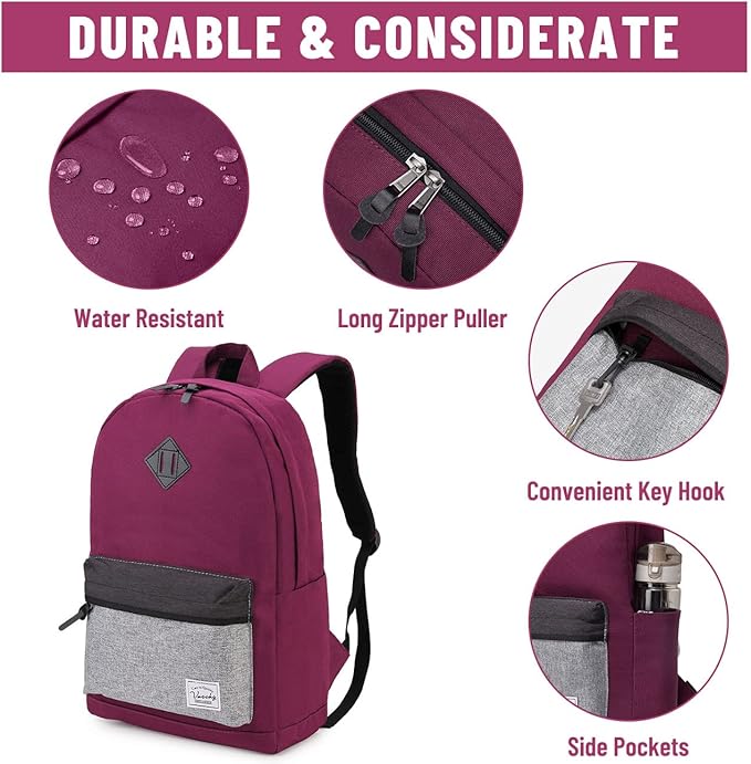 Backpack for Men Women,VASCHY Water-Resistant School Backpack Bookbag Schoolbag Casual Daypack Work Burgundy