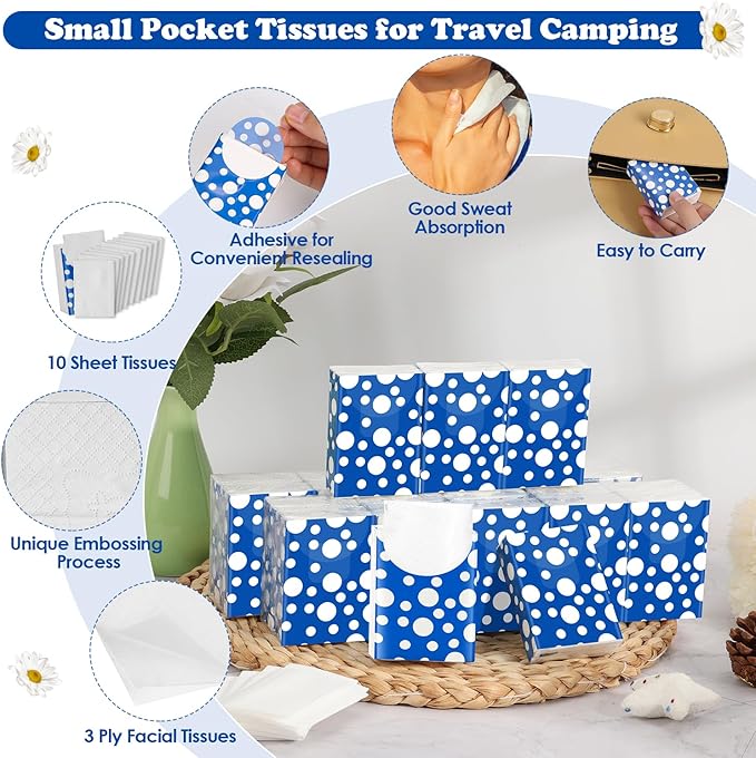 25 Pack Pocket Tissues 250 Sheets Small Mini Travel Size Tissue Packs 3 Ply Unscented with Unique Embossing Process Individual Portable Tissue Pack for Purse Travel Camping
