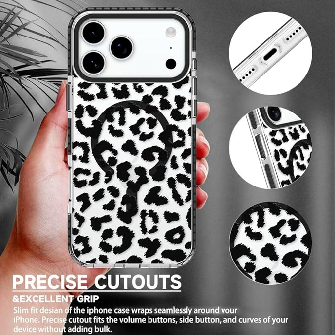 SAKUULO Magnetic for iPhone 17 Pro Max Case with Screen Protector [Compatible with MagSafe] Black Leopard Print Pattern Wireless Charge Strengthen Protection Cover Black Leopard (6.9")