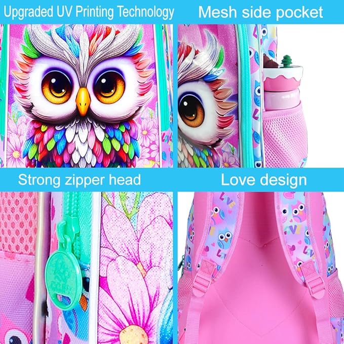 3Pcs Backpack for Girls, 16" Kids Bookbag with Lunch Box, Owl School Backpacks Set for Elementary Preschool Kindergarten(Pink)