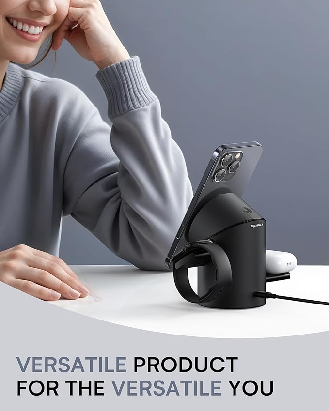 ZEEHOO 3 in 1 Charging Station for Apple Devices, Mag-Safe Charger Stand, Qi2 15W Auto-Rotating Wireless Charger for iPhone 16/15/14/13/12 Series& AirPods& iWatch(Black)