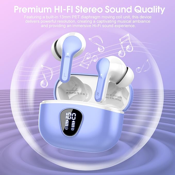 Wireless Earbuds, Bluetooth 5.4 Headphones HiFi Stereo, Bluetooth Earbuds with ENC Noise Cancelling Mic, IP7 Waterproof in Ear Earphones, 48H, LED Display Ear buds for Pad Workout Sports, White Purple