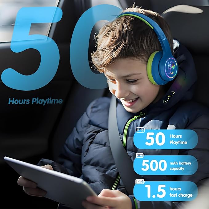 LOBKIN Active Noise Cancelling Headphones for Kids,Bluetooth 5.4,Kids Headphones Wireless with Mic 50H Playtime AUX Cord Safe Volume Limited Foldable for Boy Girl Travel/School/iPad(with LED Lights)