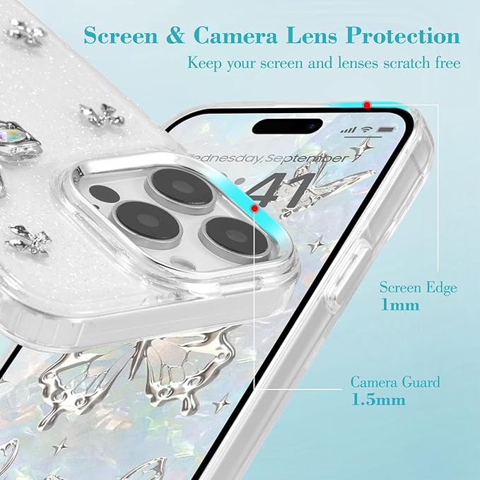 EYZUTAK Case for iPhone 15 Pro, Bling Glitter 3D Butterflies Bowknot Phone Case Cute Crystal Clear Bow Aesthetic Case Slim Soft Durable TPU Transparent Protective Cover for Women Girls - Butterfly