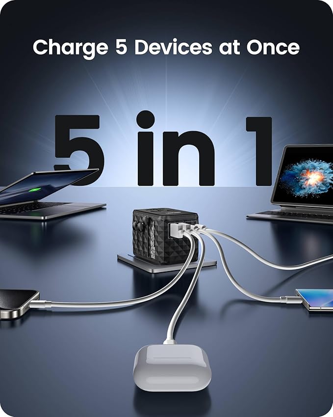 LENCENT 65W Universal Travel Adapter, GaN International Fast Charger 2 USB-A & 2 USB-C Power Plug Converter, Power Outlet Adapter for Phones,Laptops, All in One Travel Essentials for EU/USA/UK/AU