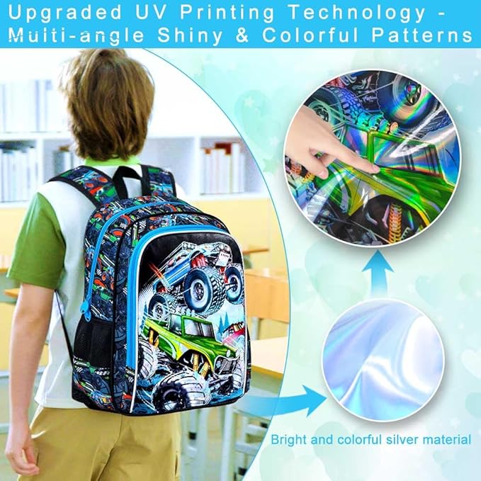 CCJPX 16" Truck Backpack for Boys, 3PCS Cars Kids Water Resistant Preschool Bookbags, Cool Kindergarten School Backpacks and Lunch Box