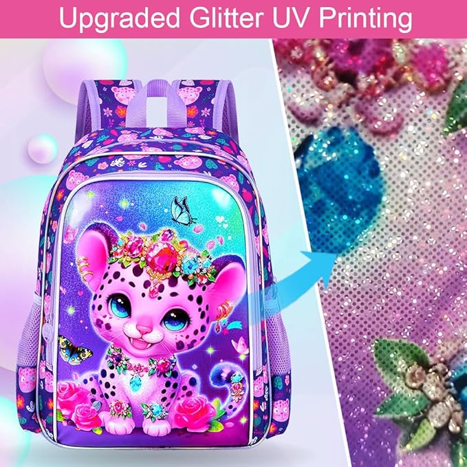 3Pcs Girls Backpack, 16" Kids Bookbag with Lunch Box，Leopard School Backpacks for Elementary Preschool Kindergarten (Purple)