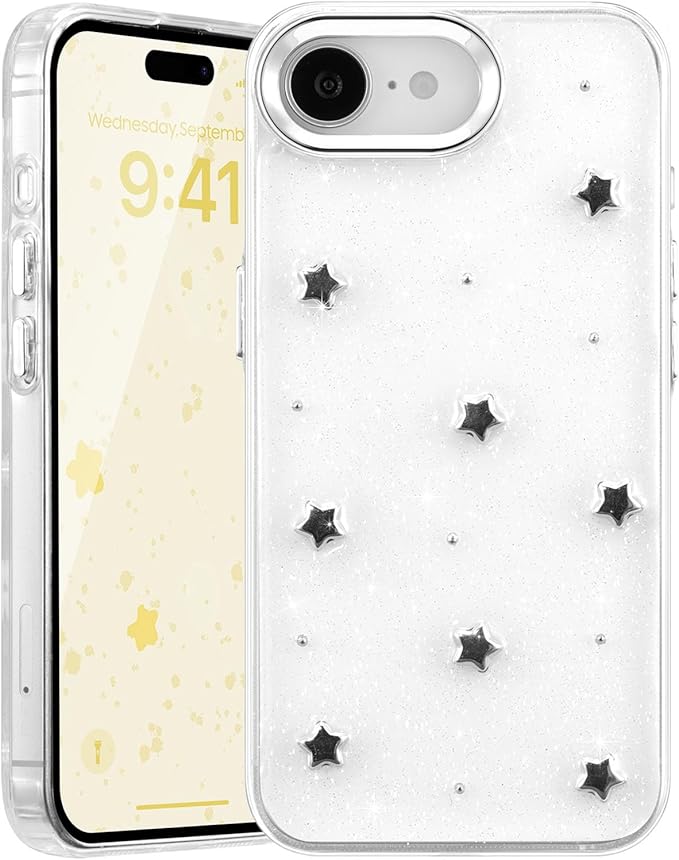 EYZUTAK Case for iPhone 16e, Bling Glitter 3D Stars Phone Case Cute Sparkly Crystal Clear Star Aesthetic Design Cover Slim Soft Durable TPU Transparent Protective Cover for Women Girls - Star