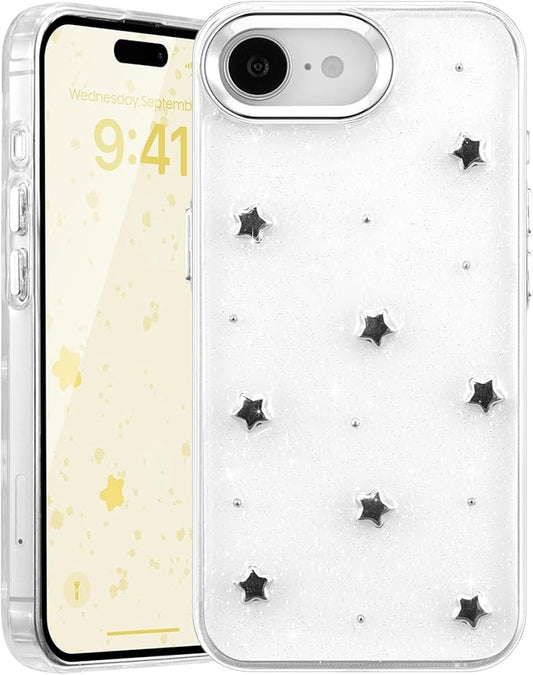 EYZUTAK Case for iPhone 16e, Bling Glitter 3D Stars Phone Case Cute Sparkly Crystal Clear Star Aesthetic Design Cover Slim Soft Durable TPU Transparent Protective Cover for Women Girls - Star