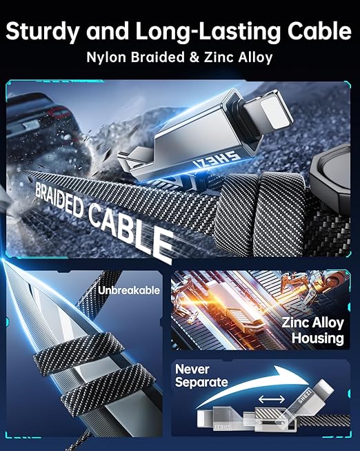 SHEZI [Upgraded 2.0] 4-in-1 USB C Cable 60W 3FT Fast Charging [480Mbps Data Transfer] Flat Nylon Braided Charger Cord Combo, USB A/C to C/L Multi Charge Cable for iPhone/iPad & Most Devices, Grey