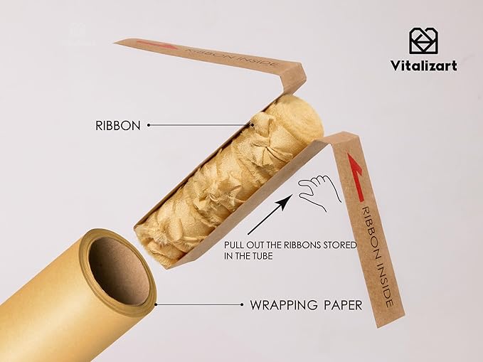 Vitalizart Gold Wrapping Paper Set 17" Pearly-Lustre With Silk Like Satin Ribbon & Gift Tags Recyclable Eco-Friendly Christmas Gift Wrapping Birthday Baby Shower Wedding Handmade Crafts 197"(16.4 Ft)