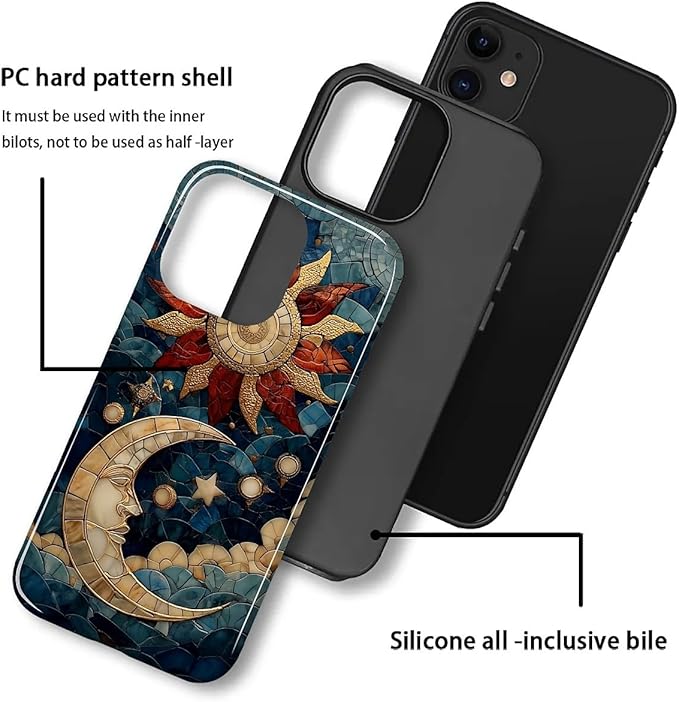 Case for iPhone 11 Case,Sun Moon Stars Faux Stained Glass Design - Hybrid Dual Protection Silicone + Hard PC Shockproof Full Body Cover Slim Anti-Scratch Protective Case for Men Women
