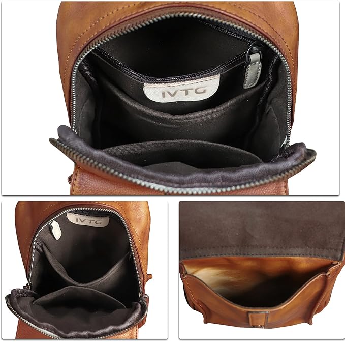 Genuine Leather Sling Bag Casual Shoulder Hiking Backpack Vintage Handmade Crossbody Bag Retro Chest Daypack (Brown)