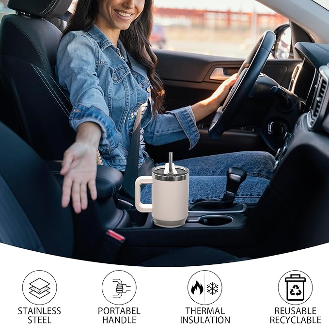 20 oz Tumbler with Handle,Tumbler with Lid and Straw,Double Wall Insulated Cup Stainless Steel Travel Mug(Cold for 34 Hours),Water Bottle for Iced Tea,Coffee,Cold Beverages(Ivory Beige)