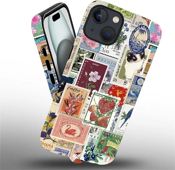 Case for iPhone 15 Plus,Vintage Stamp Collage for Woman Men Full Body Protective Cover Shockproof 2 in 1 Silicone + Hard PC Case for iPhone 15 Plus
