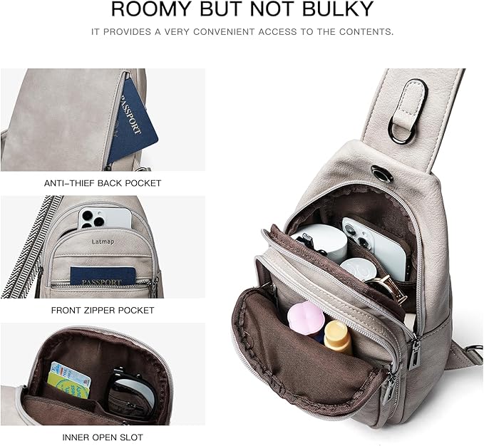 7L Sling Bag For Women Faux Leather Anti Theft Small Casual Daypack Backpack Fanny Pack Crossbody Chest Bags Purse Waterproof Light Grey