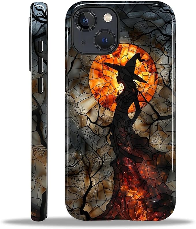 Case for iPhone 14 Plus Case,Halloween Witch Moon Stained Glass Design Hybrid Dual Protection Silicone + Hard PC Shockproof Full Body Cover Slim Anti-Scratch Protective Case for Men Women