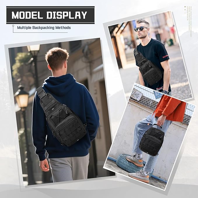 Small Black Sling Bag Backpack for Men, Waterproof Military Crossbody Bags Shoulder Backpack, Crossbody Concealed Carry Bag Chest Pack for Hiking Range Gym Outdoor Sports Every Day Carry