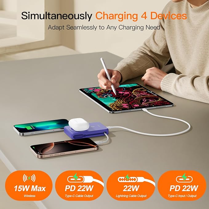 2025 Magnetic Battery Pack 16800mAh Mobile Power Bank, Portable Charger with Foldable Stand and Built-in Cable, 20W USB-C Fast Charging, Suitable for iPhone 17/16/15/14/13/12 Series