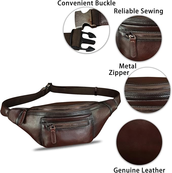 Genuine Leather Fanny Pack for Men and Women Vintage Handmade Leather Waist Bag Sling Bag Sling Backpack Purse Hip Crossbody Bag (Coffee)